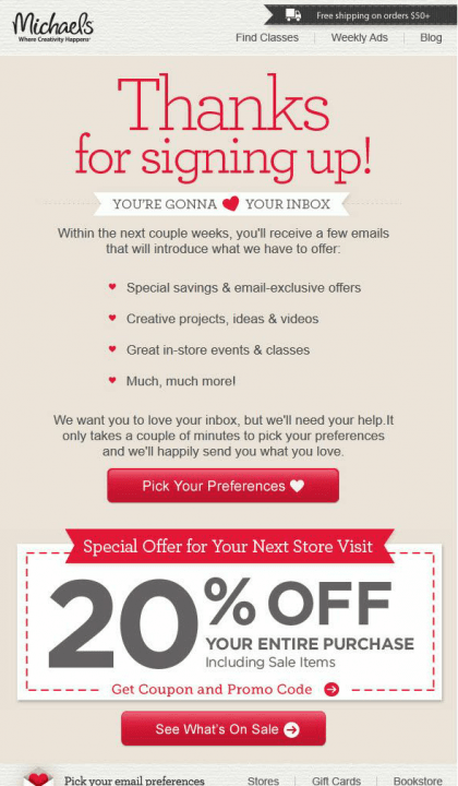 An example of a welcome email with an enticing offer