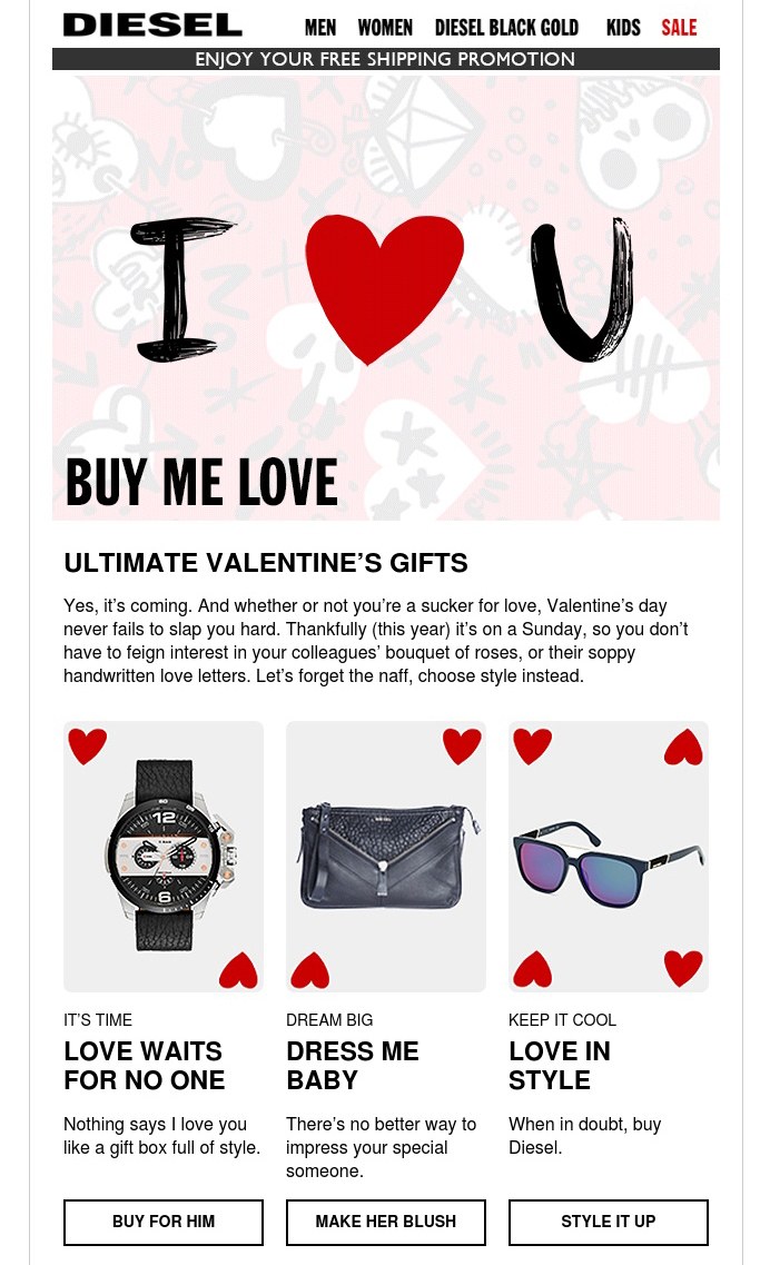 E-mail Diesel pour la Saint-Valentin