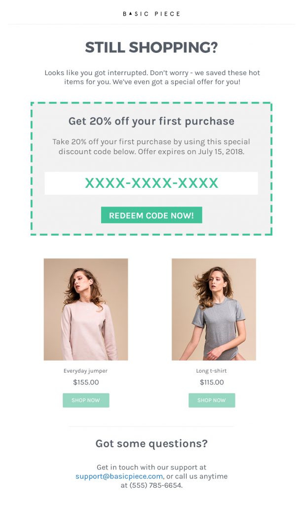 The cart recovery email template email example with a discount incentive offer