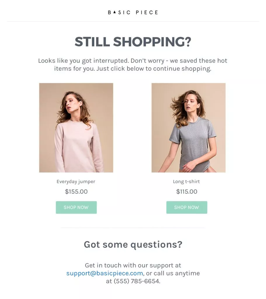 The cart recovery email template - an example email