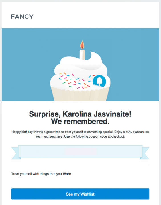 birthday email with a link to wishlist