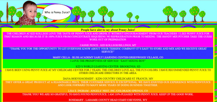 Penny Juice is an ecommerce store selling kids juice that has a very unpleasant design