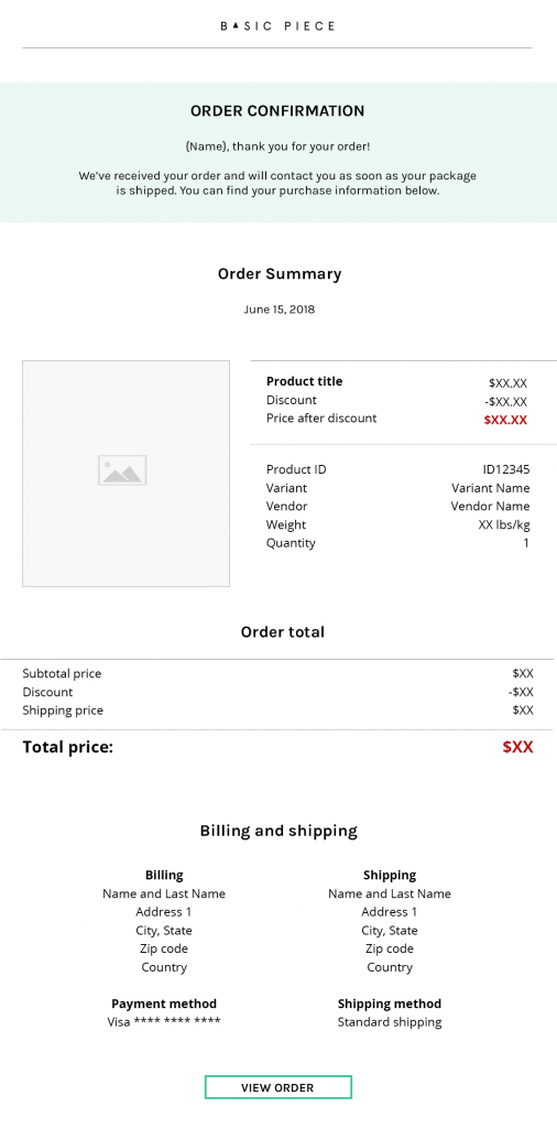 The order confirmation email template layout