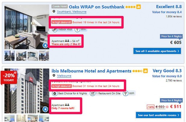 An example from Booking.com shows how the company is using scarcity to get its users to buy