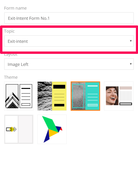 Choose the exit-intent topic in Omnisend's form builder