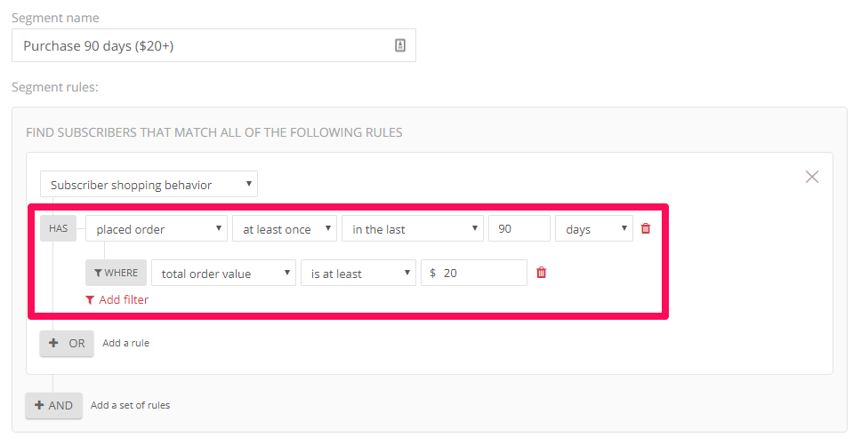 Smart segmentation: spent at least $20 in the last 90 days
