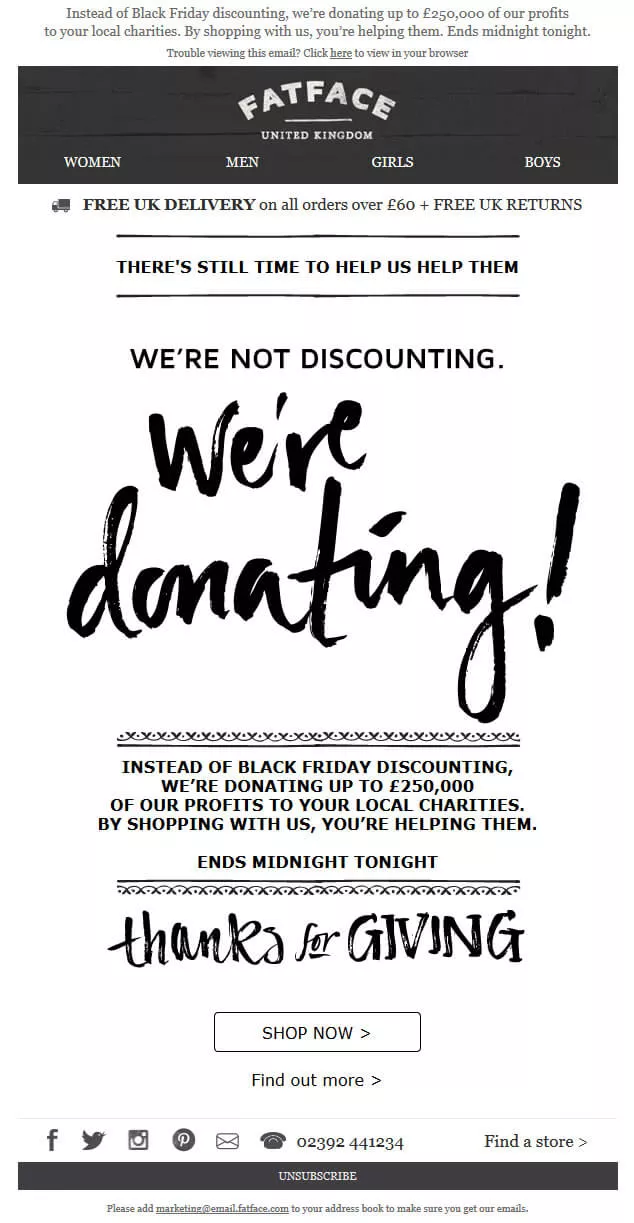 FatFace's donation-focused Black Friday email campaign