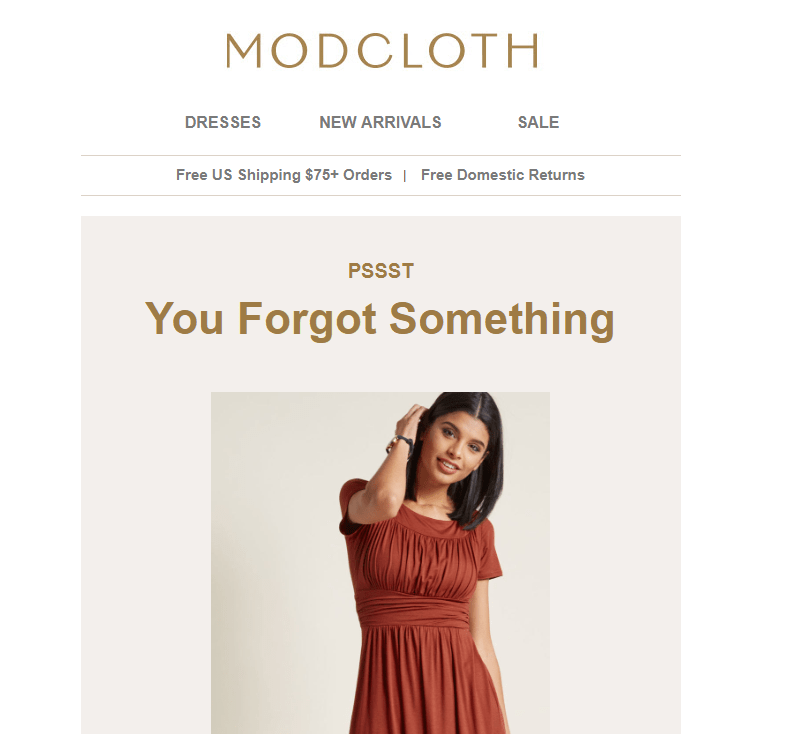 ModCloth cart abandonment email offering free delivery and free return
