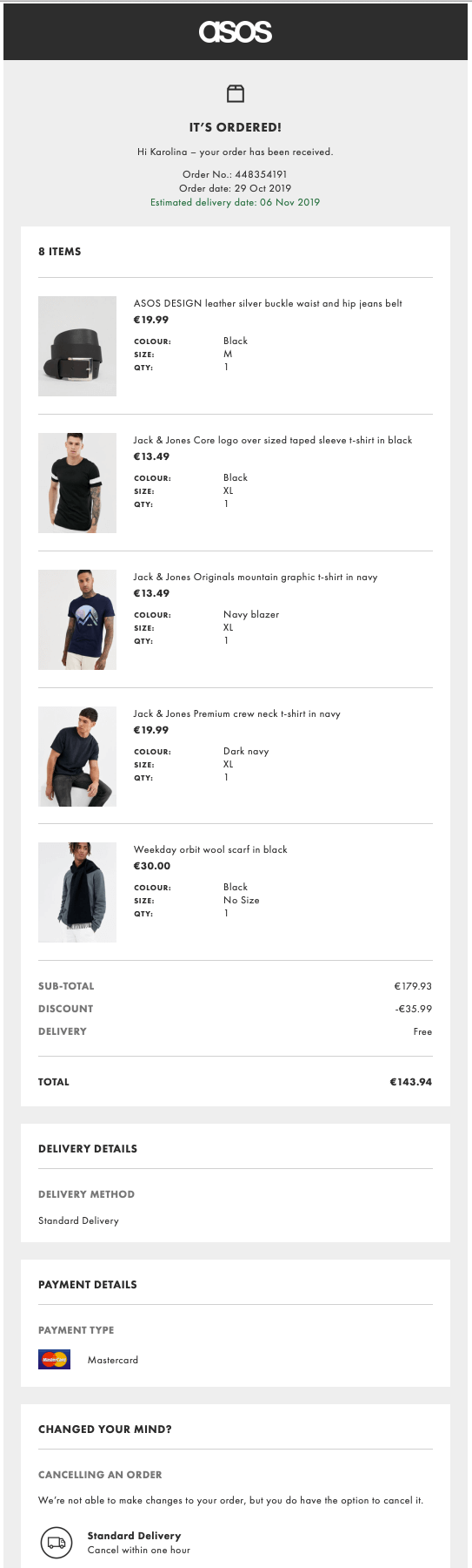 asos order confirmation thank you email example