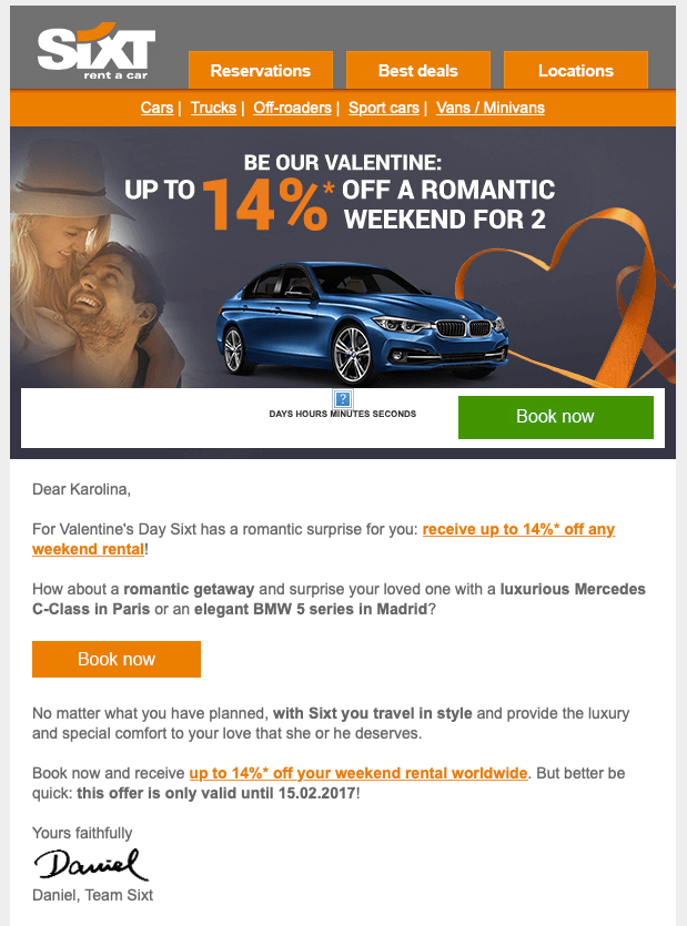 Newsletter Saint Valentin par Sixt