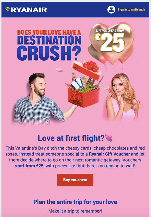 Boletín del día de San Valentín de Ryanair