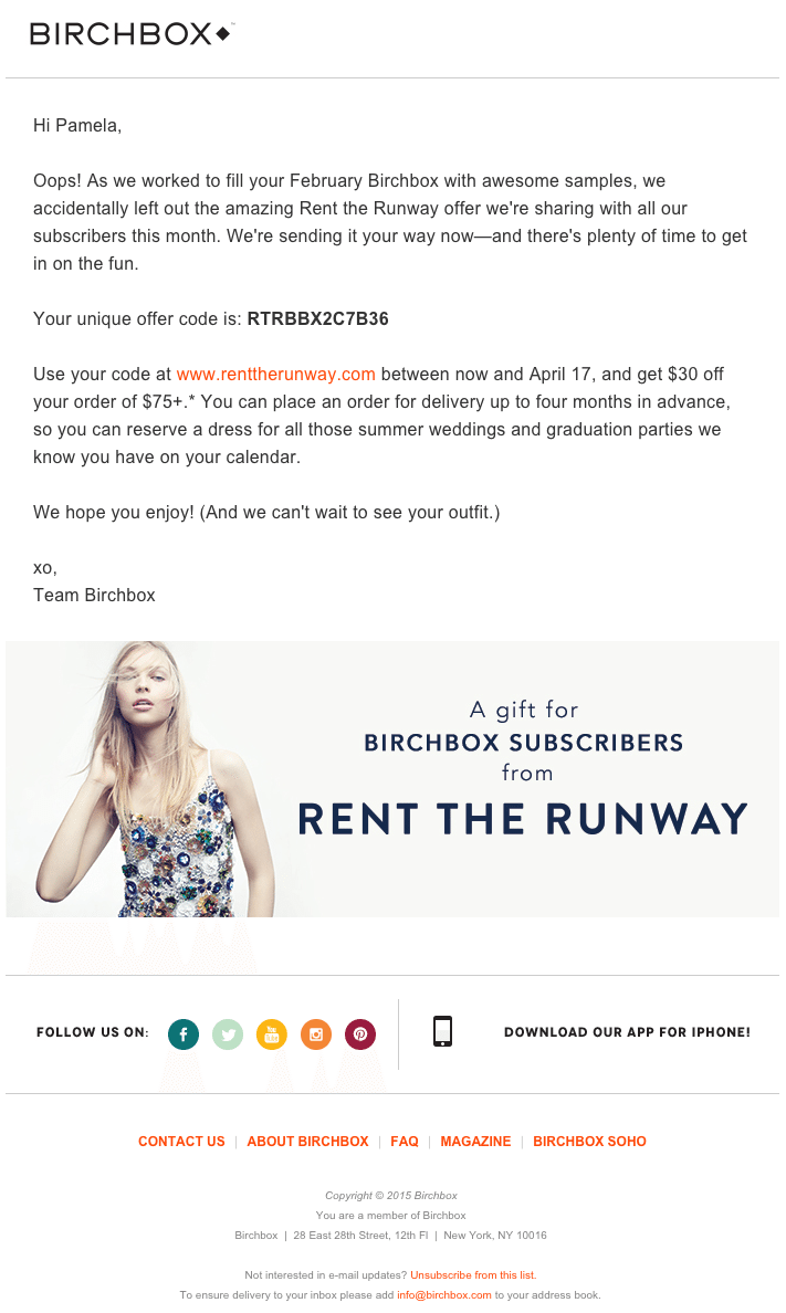 email marketing example finding a mistake and providing a gift - Birchbox