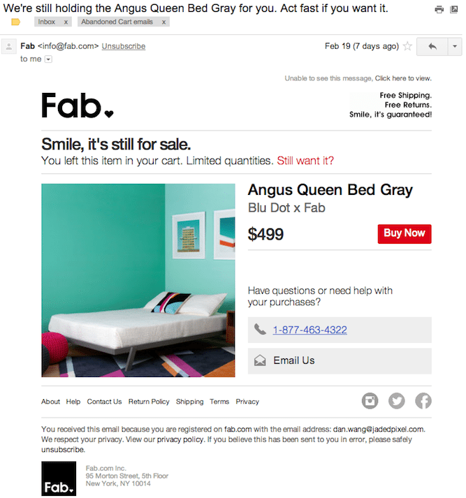 cart abandonment email marketing example - Fab