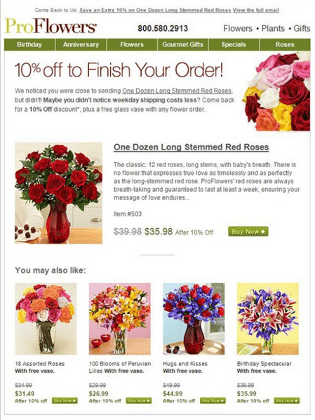 cart abandonment email marketing example - ProFlowers