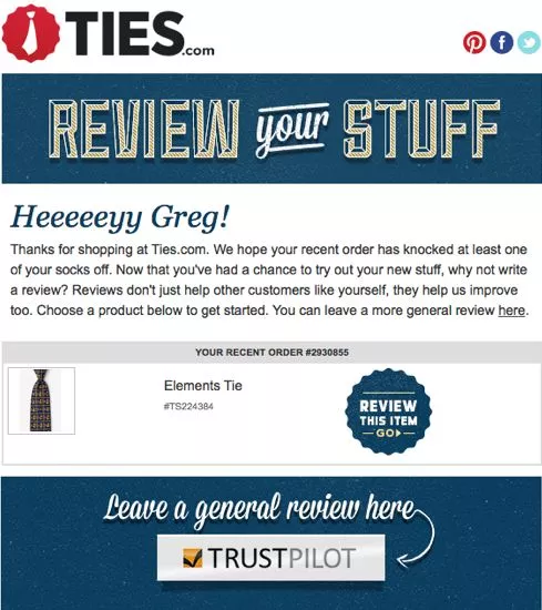 Example of email to leave a review on trustpilot