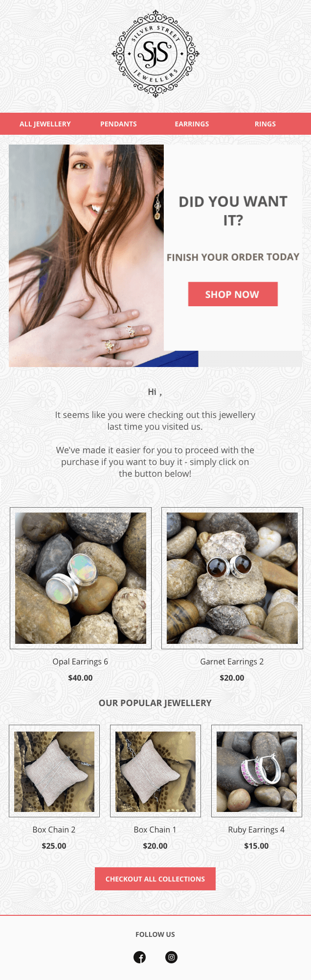 Silver Street Jewellers Browse or cart abandonment email