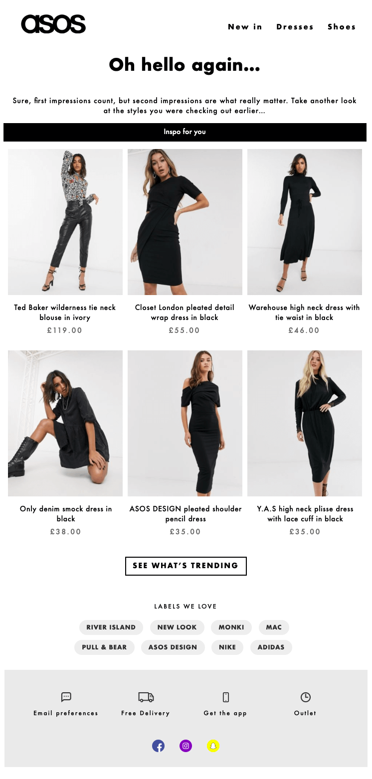 ASOS Browse or cart abandonment email