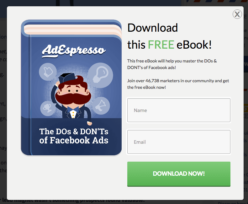 AdEspresso popup offering an ebook in exchange for an email