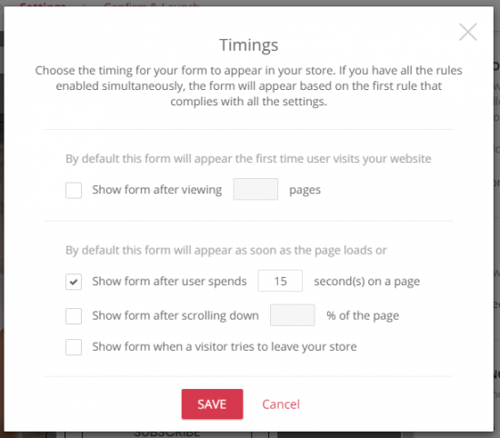 timing for showing popups on the website