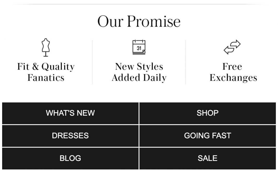 Ecommerce store promising free exchanges, new styles added daily and fit & quality fanatics