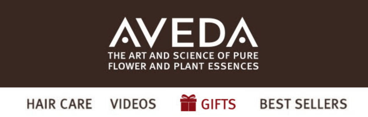 AVEDA showing gifts section in website's navigation