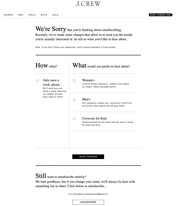 J Crew Unsubscribe Landing Page