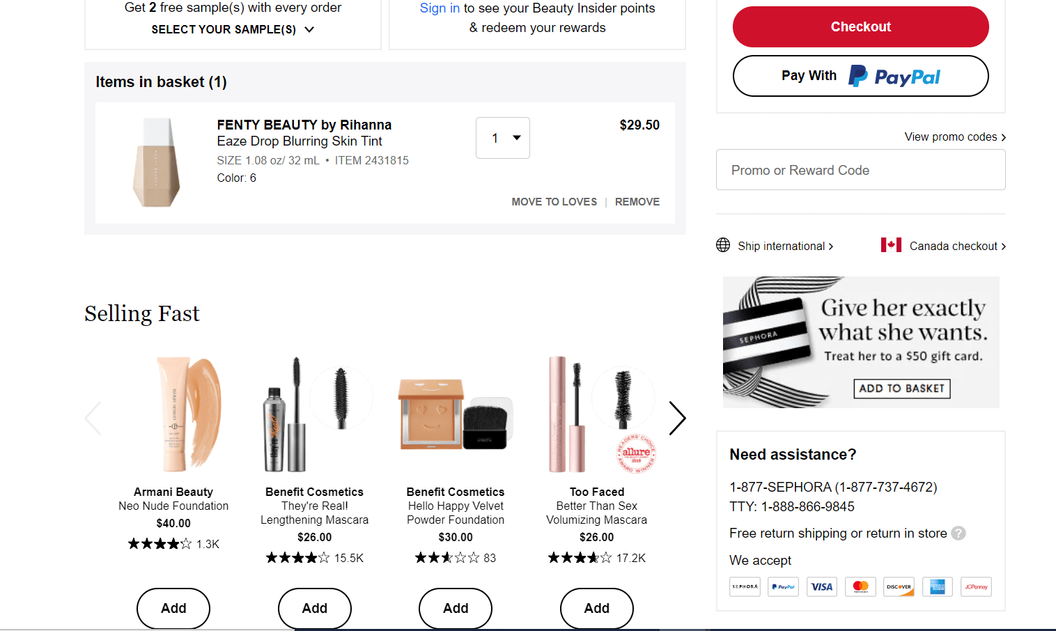Checkout page for makeup featuring
