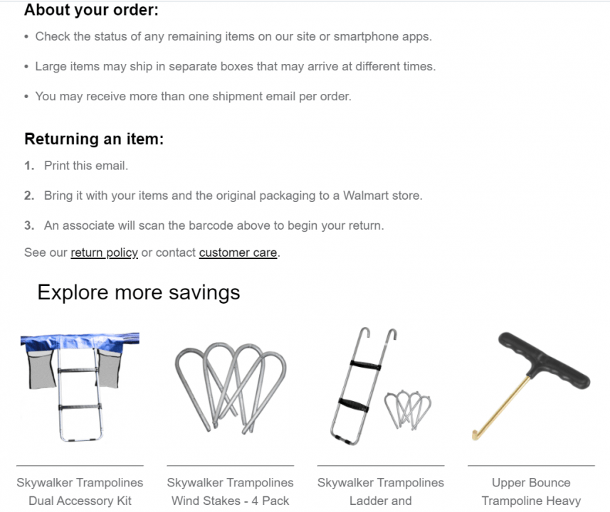 Order confirmation email for a trampoline includes suggestions of complementary products