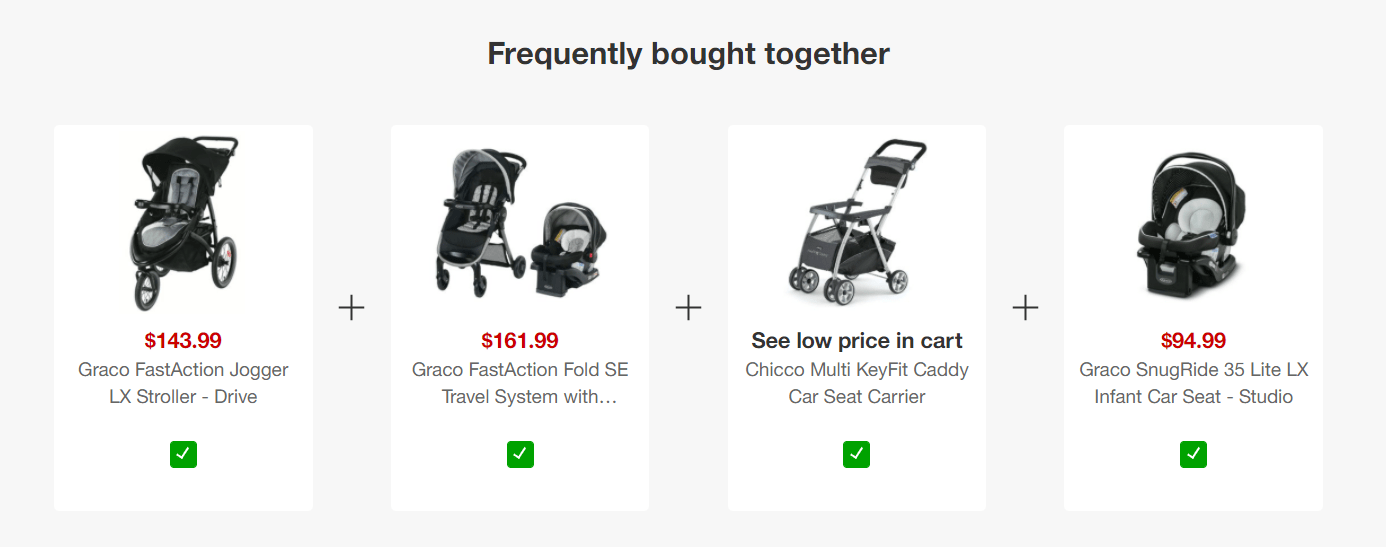 A "frequently bought together" box featuring strollers, carriers and carrier caddy