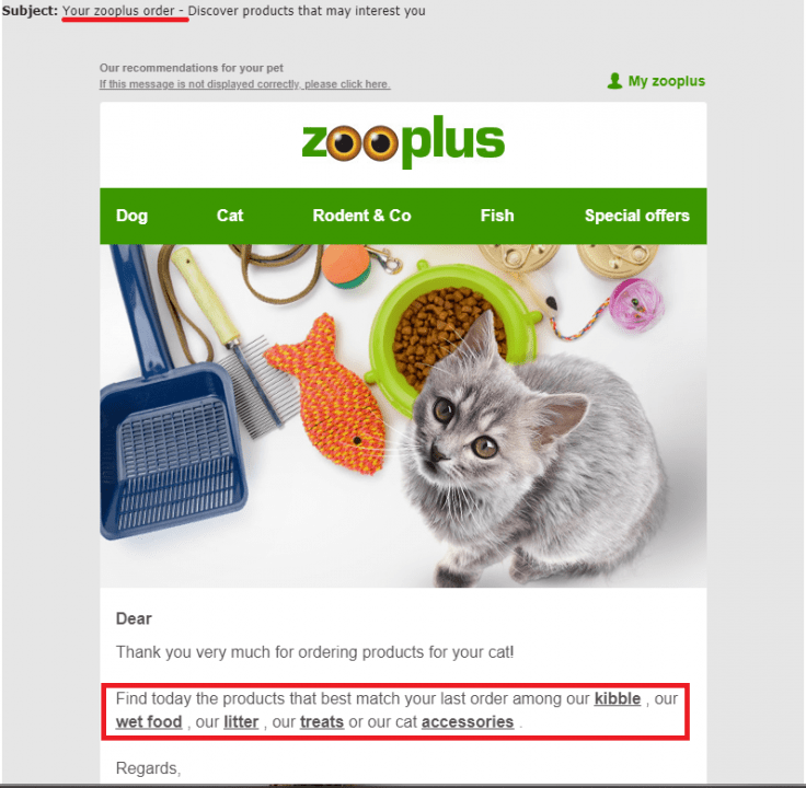 common email marketing mistakes to avoid: clickbait subject lines examples from Zooplus