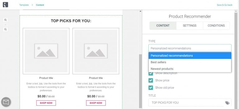 The personalized recommendation block inside Omnisend’s Content Editor