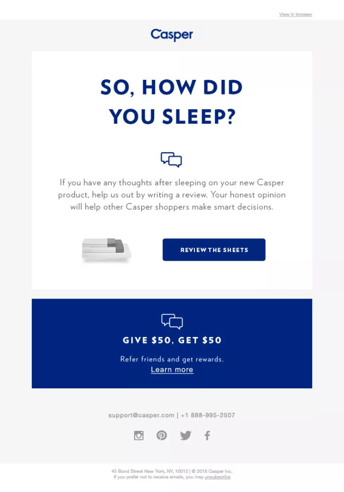 Casper email asking for a review