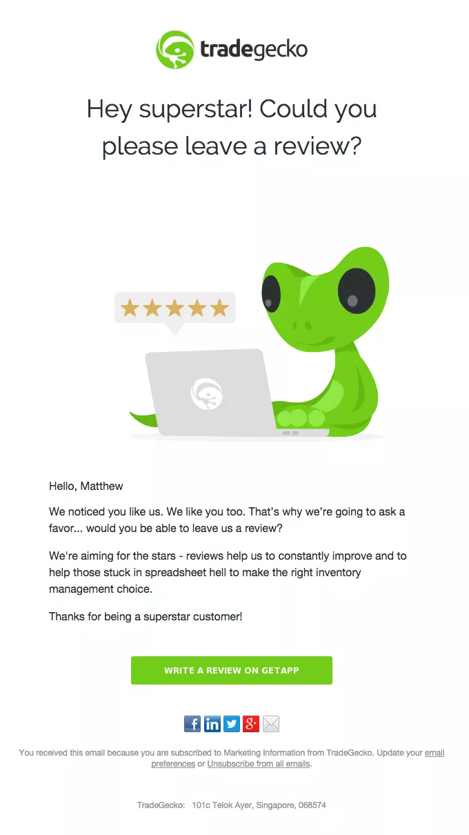 Trade Gecko email asking for a review