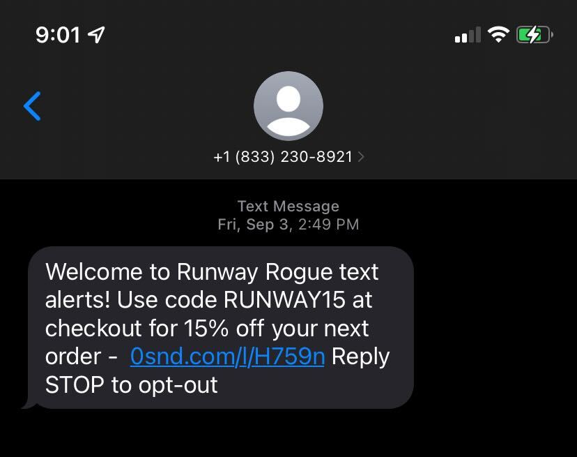 A welcome SMS from Runway Rogue