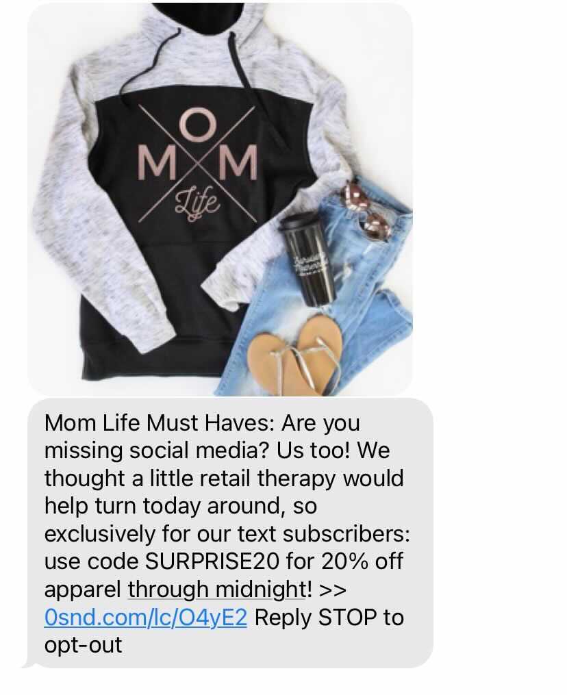 An SMS message triggered by a Facebook shutdown, from Mom Life Must Haves