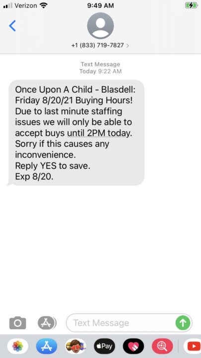 A store update (text message) from Once Upon a Child