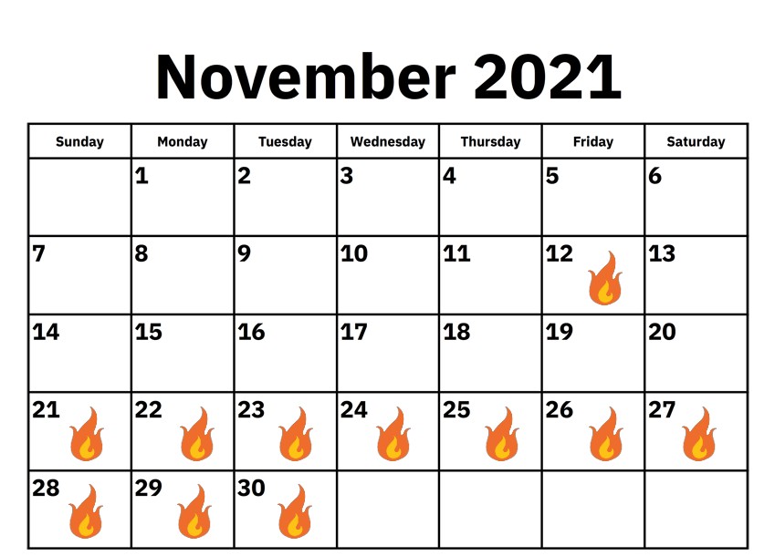 An image of the November 2021 calendar, with important Black Friday/Cyber Monday days marked