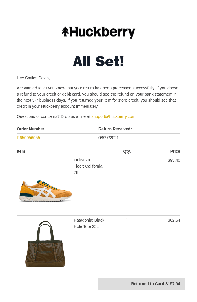 email with provided information about returned products