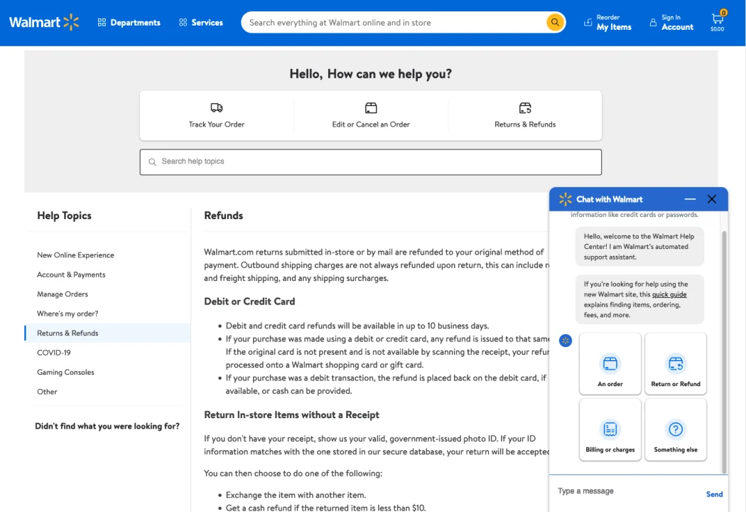 Information about refunds and returns on website