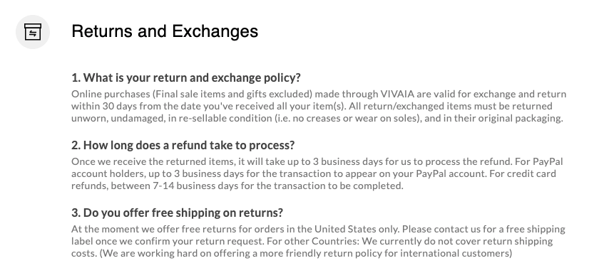 VIVAIA return policy