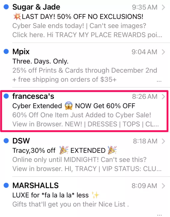 example of an email that has a different subject line compared to others