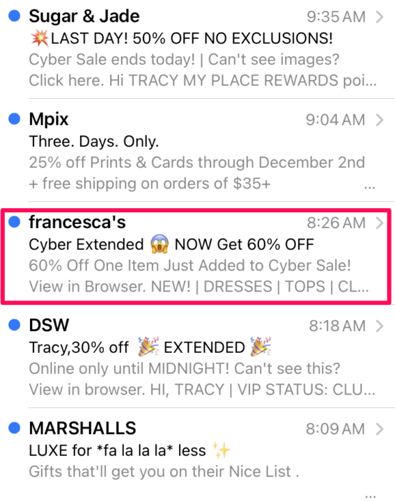 example of an email that has a different subject line compared to others