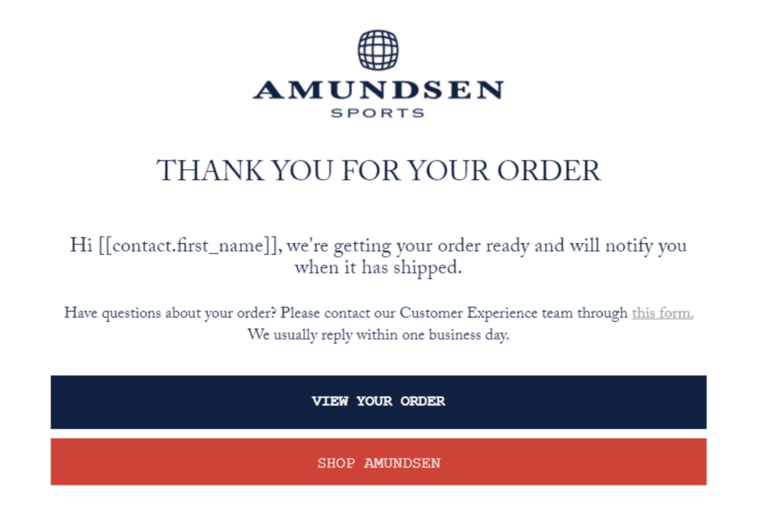Amundsen email of order confirmation