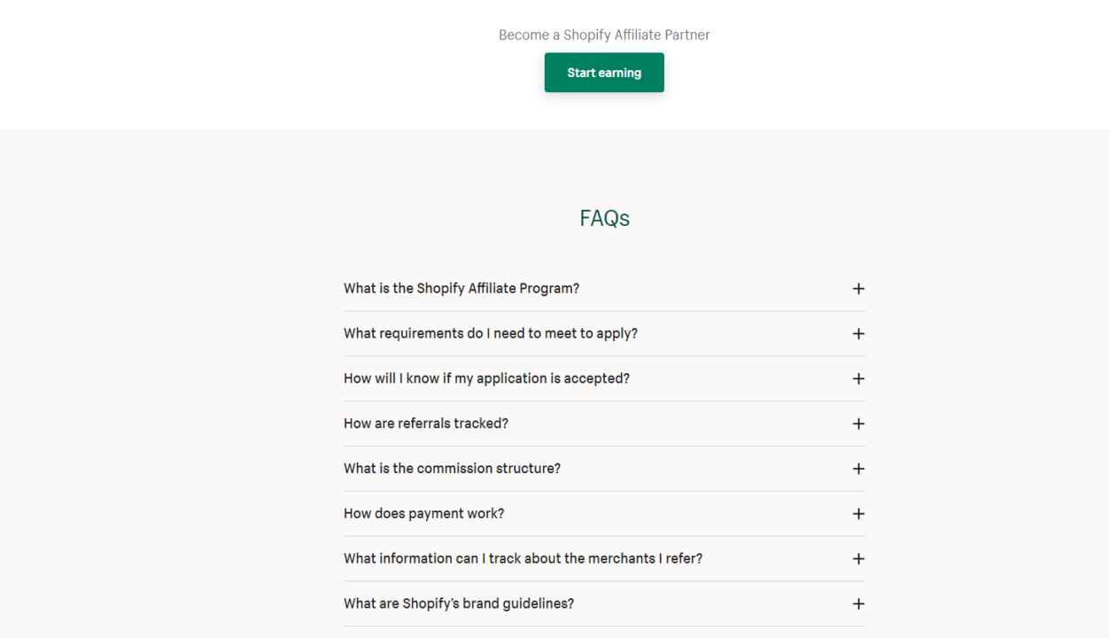 FAQs in affiliate program's landing page