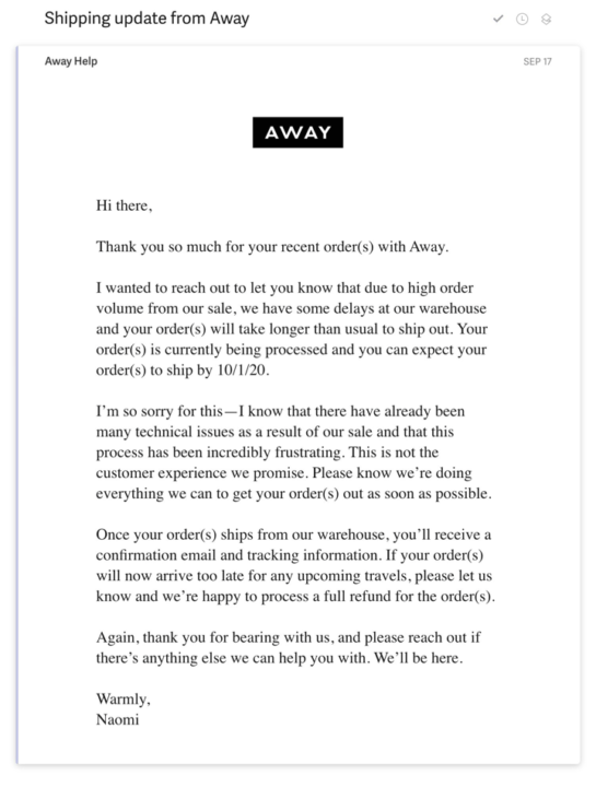 AWAY transactional email