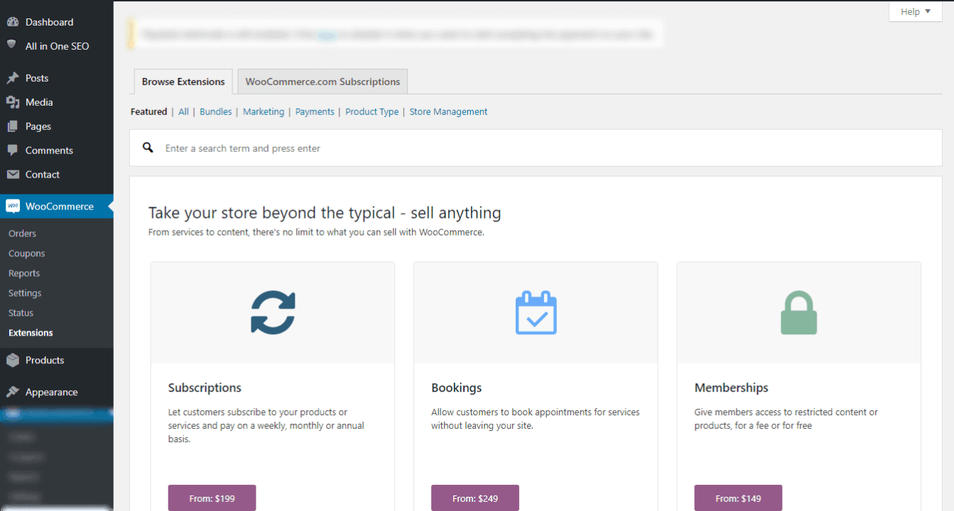 example of Woocommerce platform dashboard