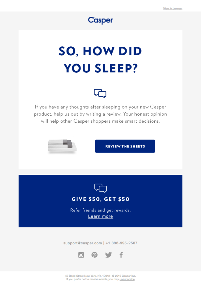 Casper's email asking for a review