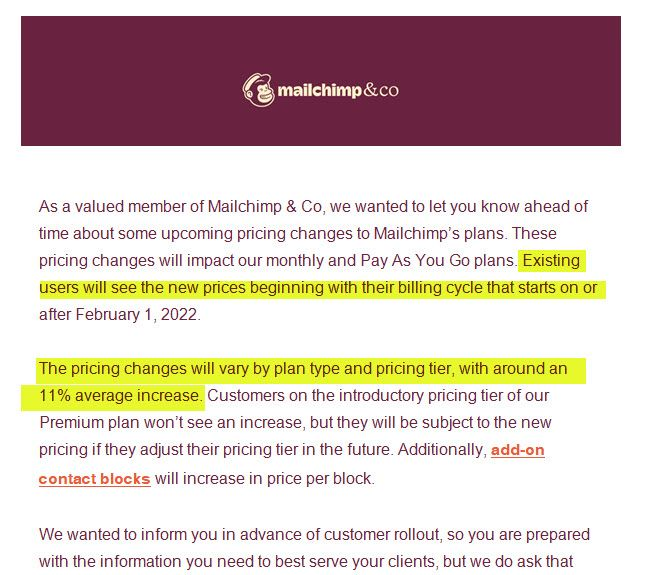 Mailchimp pricing change