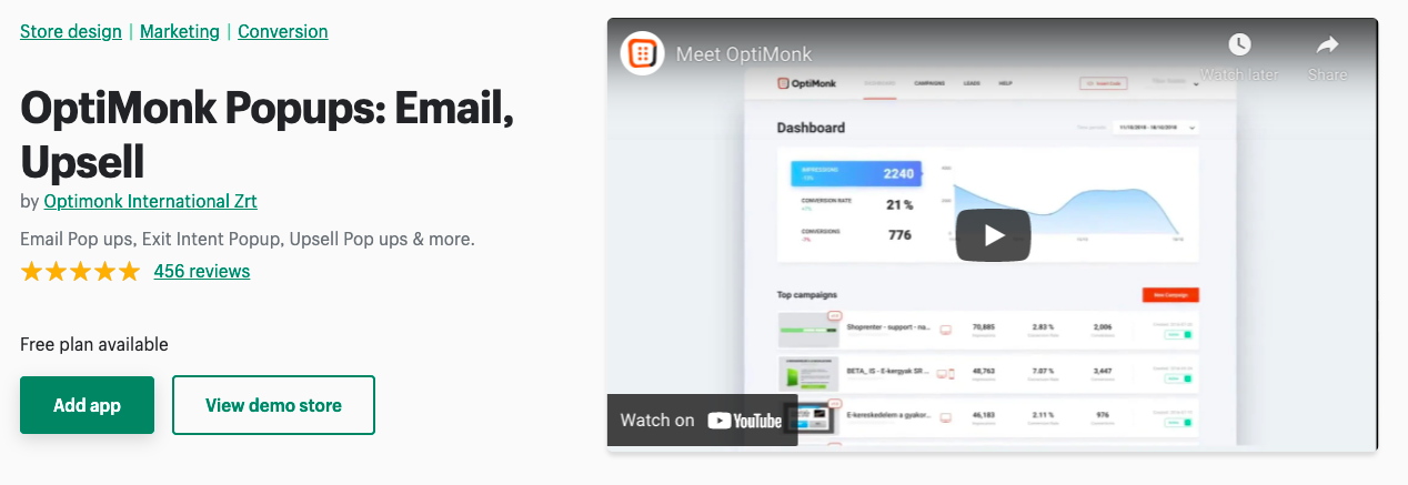 OptiMonk app for popups and upsell