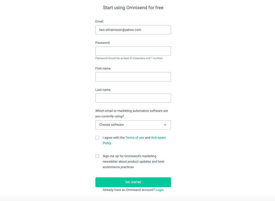 process of creating Omnisend account